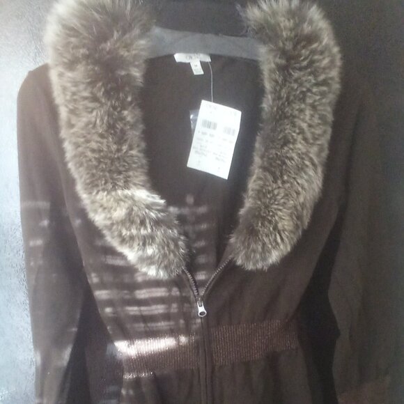 Cache Brown/Bronze zippered sweater w/real fur trim removable collar Med NWT - Picture 2 of 9